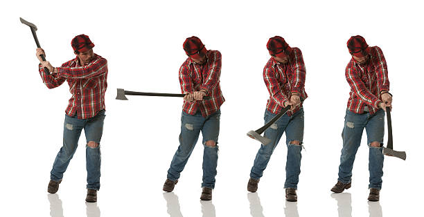 Multiple images of a lumberjack in action Multiple images of a lumberjack in actionhttp://www.twodozendesign.info/i/1.png axe photos stock pictures, royalty-free photos & images