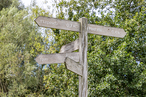 Direction signs in a Cambridgeshire nature reserve at Fen Drayton.