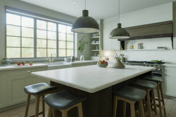 istock Kitchen with a large island, bar stools, metal lamps - in a traditional style. Kitchen interior with a large window and kitchen utensils. 3D rendering 1752575697