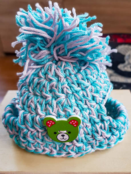 istock Small blue white hat with pompom for dog or cat crocheted 1752578055