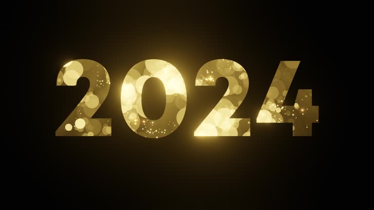 Happy New Year 2024 background with golden glitter particle overlay. Seamless loop 4k video animation.