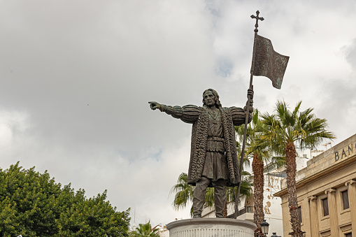 Christopher Columbus statue at Nuns square or in spanish Plaza de las Monjas in Huelva in Spain