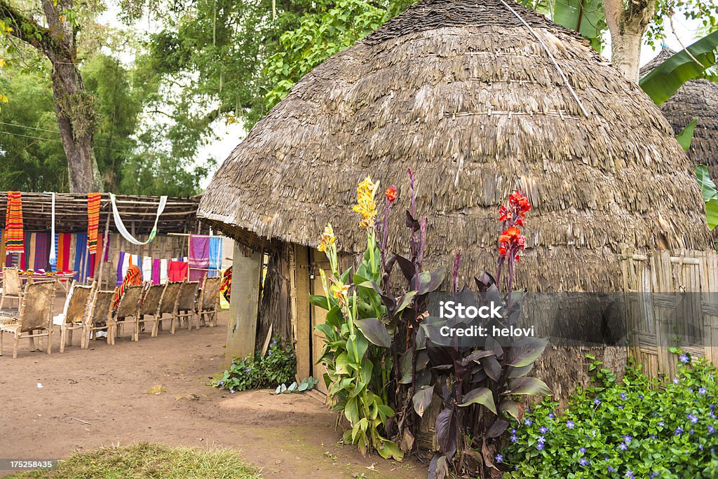 Dorze Hut, Ethiopia "An elephant shaped hut from Ethiopia, made of leaves of falls banana, still commonly lived in by the Dorze people. Flowers at the side and some colorful rugs at background." Community Stock Photo