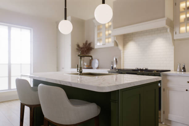 istock Bright kitchen in warm colors with a green island and a large window. Kitchen interior with household appliances and utensils. 3D rendering 1752584612