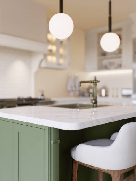istock Kitchen with marble countertops and blurred kitchen background to display products on the surface. Kitchen interior with household appliances and utensils. 3D rendering 1752585157