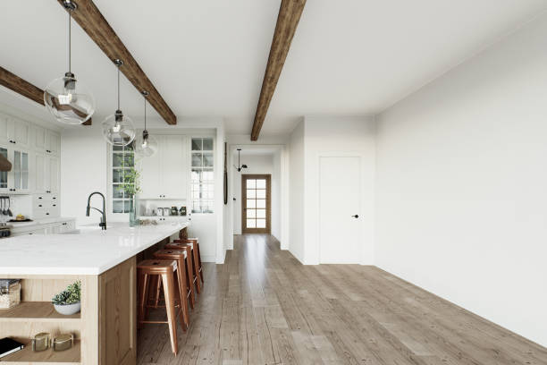 istock Traditional large L-shaped kitchen with large island and kitchen appliances. Kitchen interior with empty area and front door. 3D rendering 1752599378
