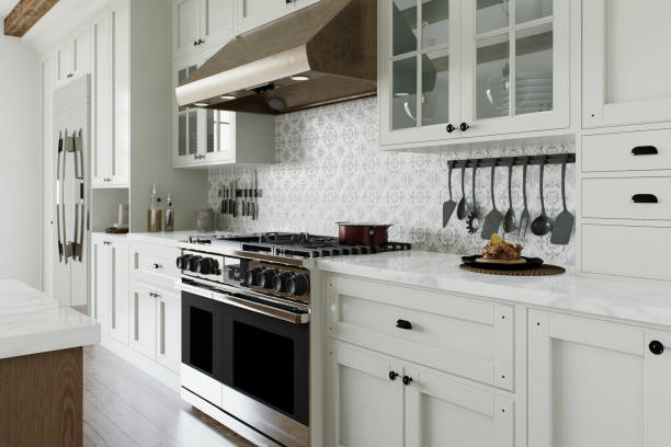 istock Traditional large L-shaped kitchen with large island and kitchen appliances. Kitchen interior with a view of a large stove with a kitchen hood. 3D rendering 1752599386