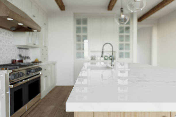 istock Kitchen with an emphasis on an empty countertop for arranging kitchen utensils. Kitchen interior with white cabinets and wooden island. 3D rendering 1752599394