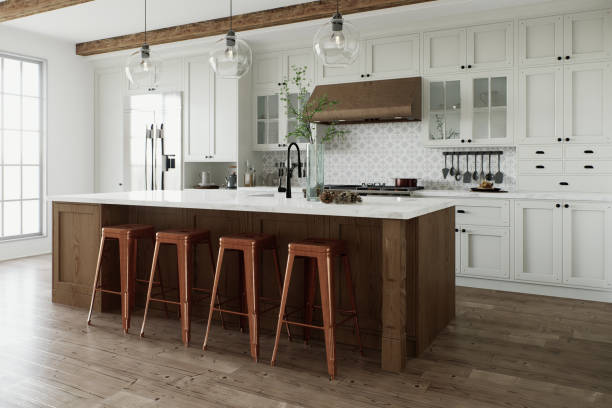 istock Traditional large L-shaped kitchen with large island and kitchen appliances. Kitchen interior with white cabinets and wooden island. 3D rendering 1752599405