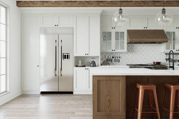 istock Traditional large L-shaped kitchen with large island and kitchen appliances. Emphasis on a large metal refrigerator in the interior. 3D rendering 1752599924