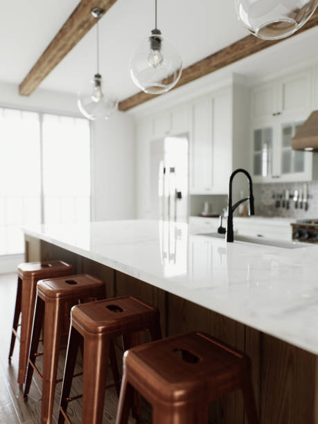 istock Kitchen with an emphasis on an empty countertop for arranging kitchen utensils. Kitchen interior with white cabinets and wooden island. 3D rendering 1752599927