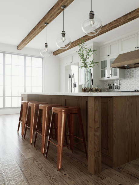 istock Traditional large L-shaped kitchen with large island and kitchen appliances. Kitchen interior with white cabinets and wooden island. 3D rendering 1752599929