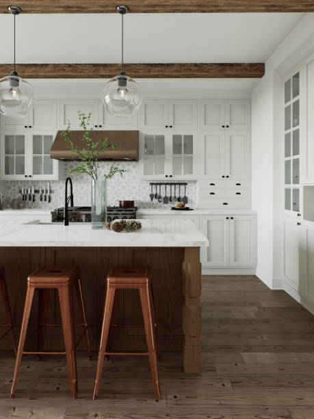 istock Traditional large L-shaped kitchen with large island and kitchen appliances. Kitchen interior with white cabinets and wooden island. 3D rendering 1752599965