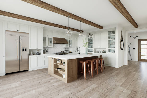 istock Traditional large L-shaped kitchen with large island and kitchen appliances. Emphasis on a large metal refrigerator in the interior. 3D rendering 1752599974