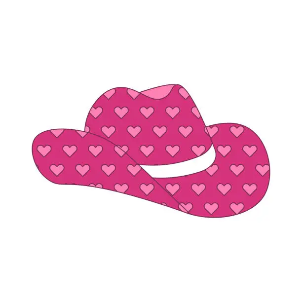 Vector illustration of Pink cowgirl hat with girlish heart print. Wild West fashion style. Cowboy western theme, wild west concept. Horse Ranch. Hand drawn contour flat vector illustration.