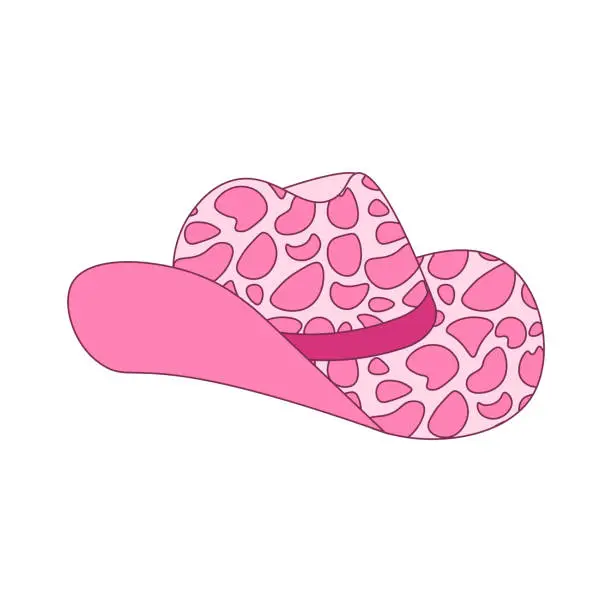 Vector illustration of Pink cowgirl hat with cow print. Wild West fashion style. Cowboy western theme, wild west concept. Horse Ranch. Hand drawn contour flat vector illustration.