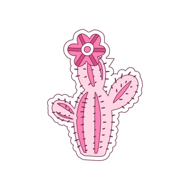 Vector illustration of Pink Cowgirl cactus decorative sticker. Girlish Cowboy western and wild west theme. Hand drawn vector.