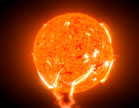 CGI image of the sun with a huge solar flare erupting