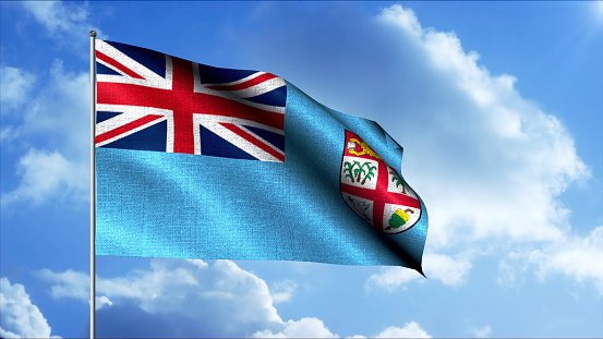 Fijian flag waving in the wind shows fiji symbol of patriotism. Motion. Flagpole with national patriotic insignia, seamless loop
