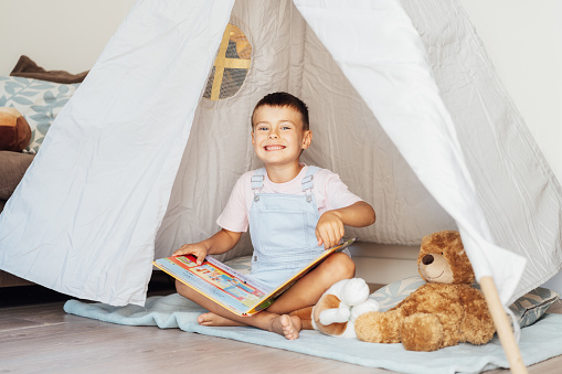 Portrait of smiling cute little preschooler boy reading book to his toys sitting in cozy kids teepee tent in the living room at home. Child entertaining himself. Home children's activity.