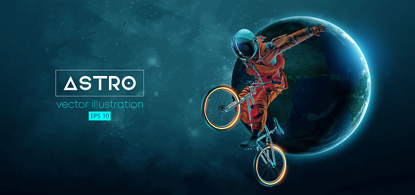 Abstract silhouette of a bmx rider, astronaut is riding on sport bicycle in space action and Earth, Mars, planets on the background of the space. Cycling sport transport. Vector illustration