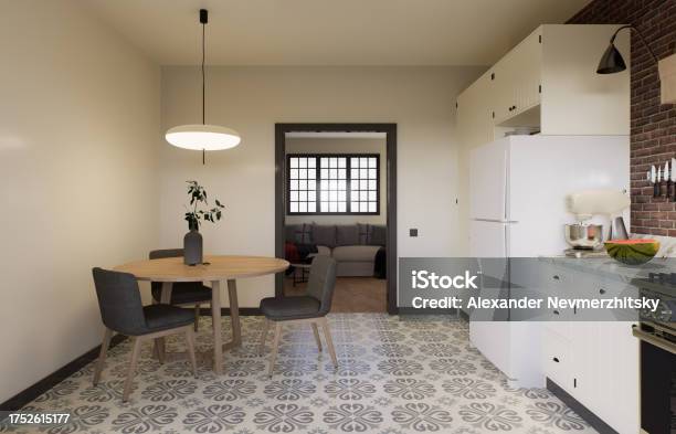 Kitchen Interior With Swing Doors Dining Table And Kitchen Appliances ...