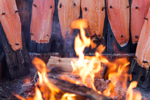Native American Salmon Cooking over a woodfire