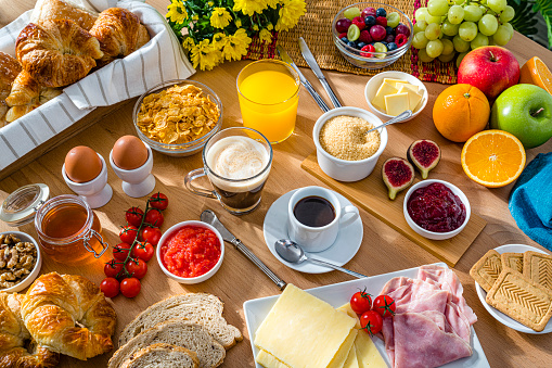Healthy Continetntal breakfast on wooden table