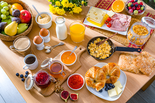 High angle view of a tasty Continental breakfast table