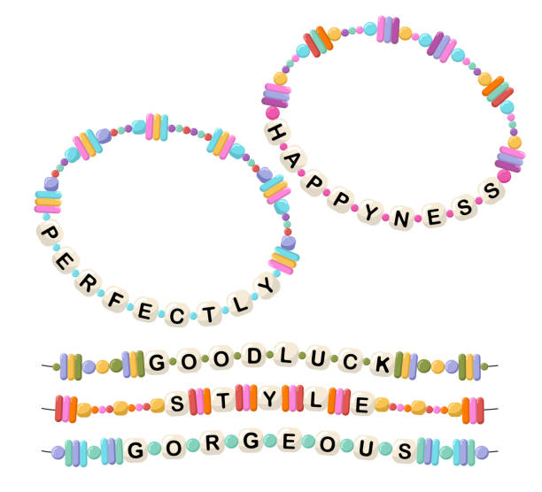 Bracelets from words happyness, perfectly, good luck, style, gorgeous Collection vector jewelry, children's ornaments. Bracelet of handmade plastic beads. Set of bright colorful braided bracelets with letters from words happyness, perfectly, good luck, style, gorgeous friendship bracelets hands stock illustrations