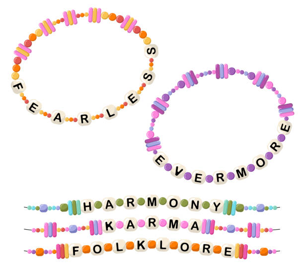 Bracelets from words fearless, evermore, harmony, karma, folklore Collection of vector jewelry, children's ornaments. Bracelet of handmade plastic beads. Set of bright colorful braided bracelets with letters from words fearless, evermore, harmony, karma, folklore friendship bracelets hands stock illustrations