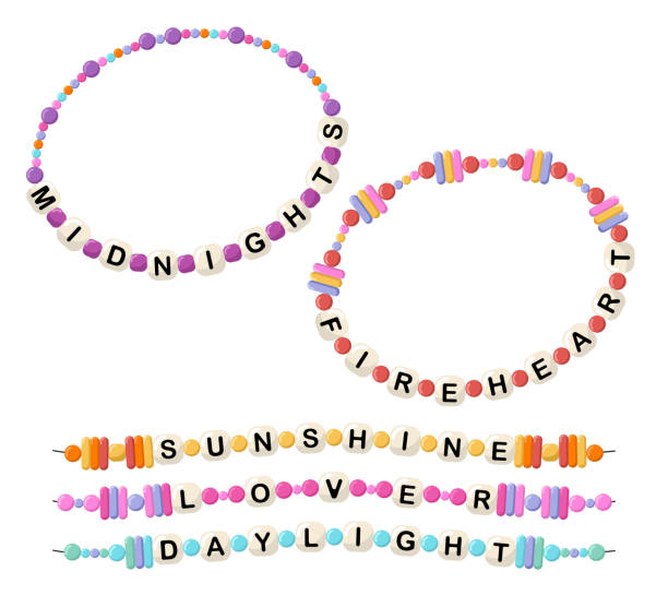 Bracelets from words midnights, fireheart, sunshine, lover, daylight Collection of vector jewelry, children's ornaments. Bracelet of handmade plastic beads. Set of bright colorful braided bracelets with letters from words midnights, fireheart, sunshine, lover, daylight friendship bracelets hands stock illustrations