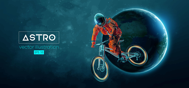 Abstract silhouette of a mtb rider, astronaut is doing a trick, on sport bicycle in space action and Earth, Mars, planets on the background of the space. Mountain cycling sport transport. Vector