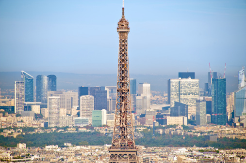 Eiffel Tower or Tour Eiffel aerial view, is a wrought iron lattice tower on the Champ de Mars in Paris, France