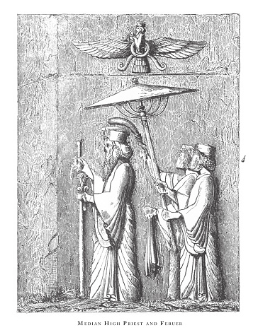 Median High Priest and Feruer: Religious Scenes and Symbols of the Ancient Near East Engraving Antique Illustration, Published 1851. Source: Original edition from my own archives. Copyright has expired on this artwork. Digitally restored.