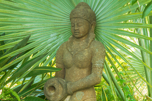 Asian, Balinese statue with green background.