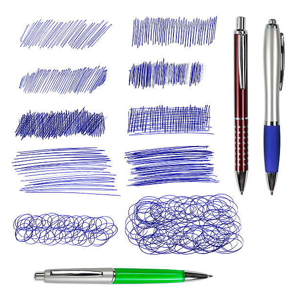 Three ballpoint pens and blue drawings isolated stock photo