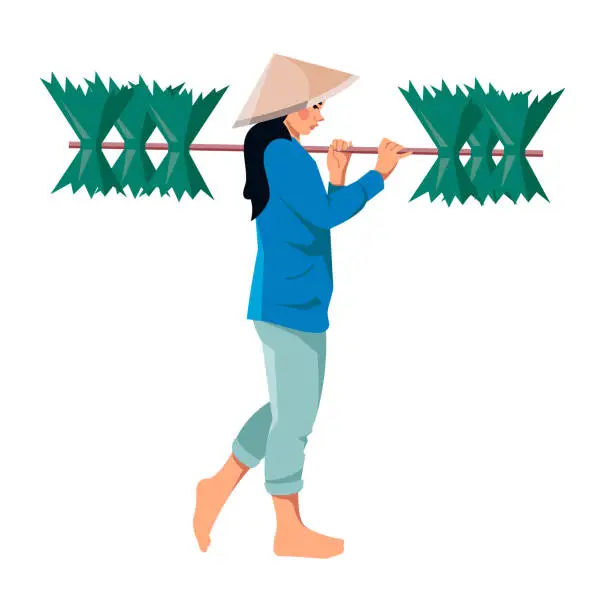 Vector illustration of A Vietnamese woman in a conical straw hat carries rice on a pole over her shoulder