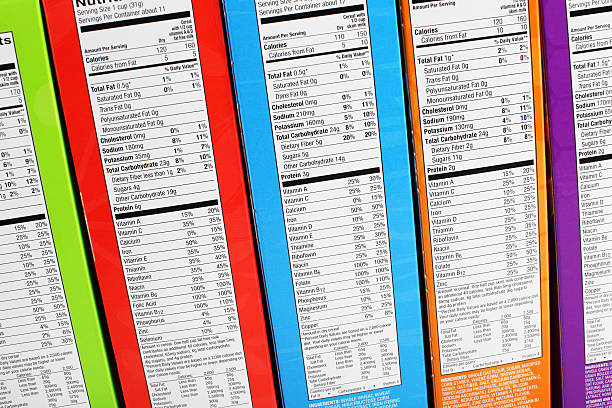 Nutrition information labels on colorful packaging stock photo