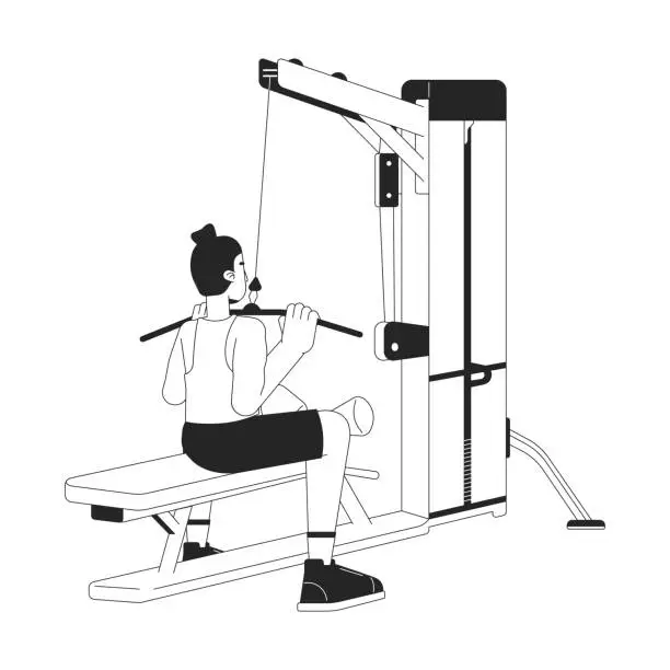 Vector illustration of Man dragging bar down on lat pulldown machine flat line black white vector character