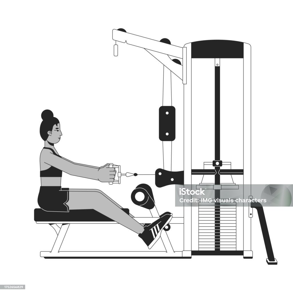 Row Machine Cartoon Woman In Starting Position On Seated Row Machine Flat Line Black White ...