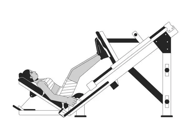 Vector illustration of Woman extending legs on press machine flat line black white vector character