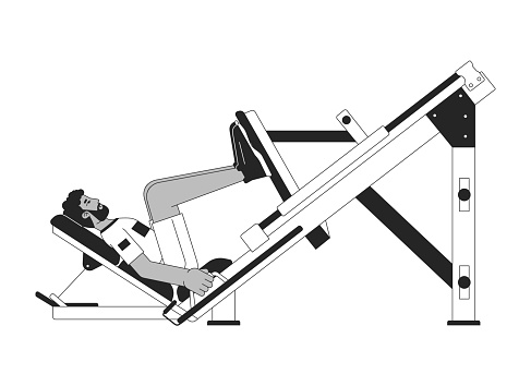 Man placing feet on leg press machine flat line black white vector character. Editable outline full body person. Training gluteus exercise simple cartoon isolated spot illustration for web design