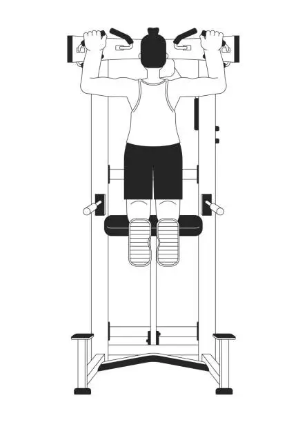 Vector illustration of Man pulling up on pullup machine flat line black white vector character