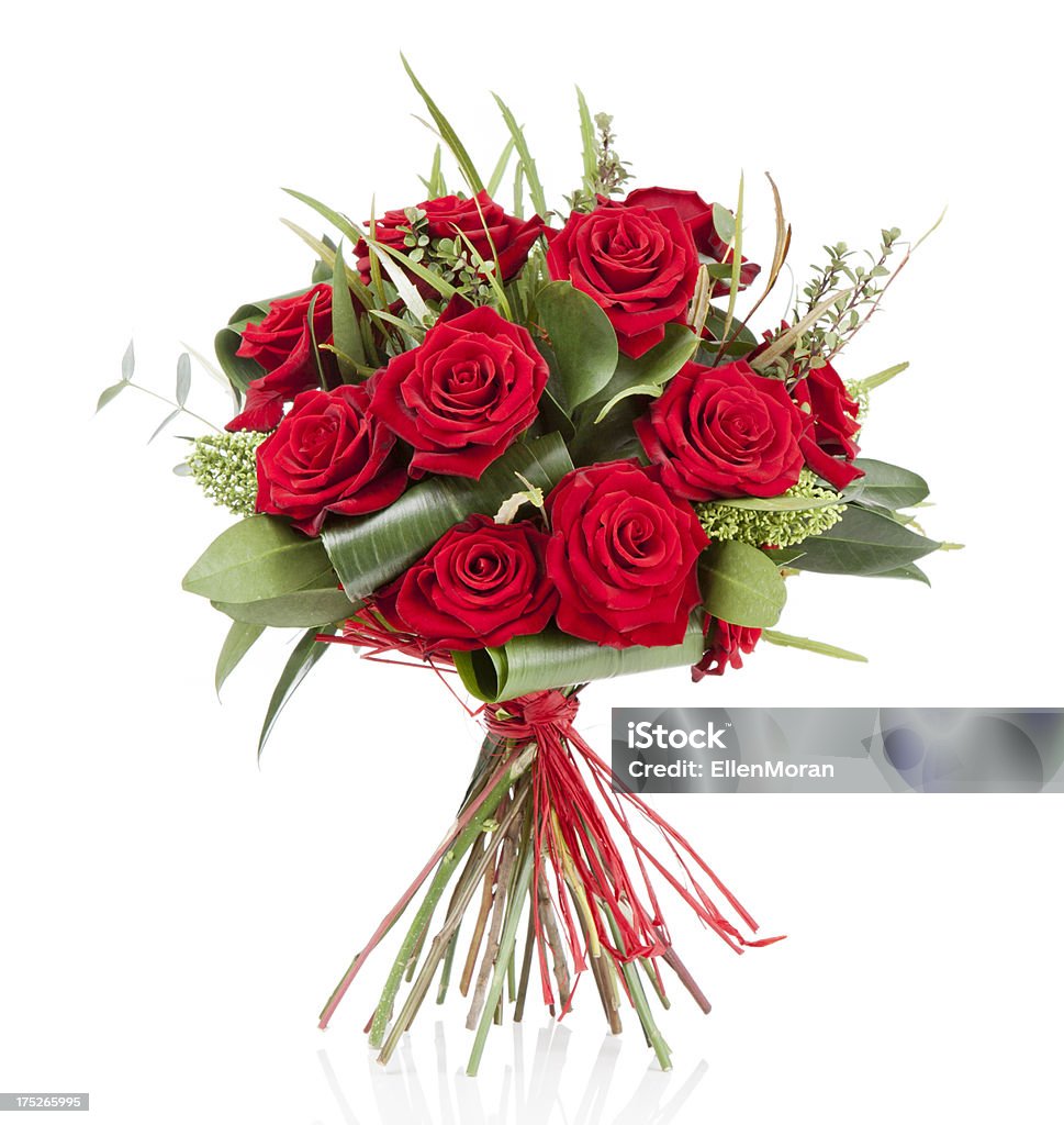 Valentine's Day, Bouquet, Anniversary Gift A hand tied Valentine's Day or Anniversary bouquet of red roses isolated on a white background. Rose - Flower Stock Photo