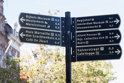 Amsterdam, Netherlands, September 24, 2023; Tourist signage to various destinations near the Spui in Amsterdam.