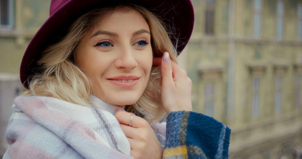 istock Attractive stylish blonde female smile in hat 1752671148
