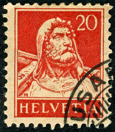 Cancelled Stamp From Switzerland Featuring William Tell.  The Legend Of William Tell Is From The 14th Century In Switzerland.