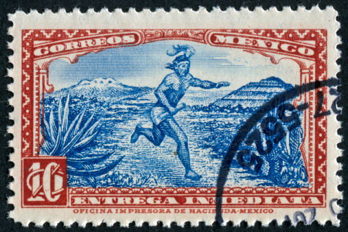 Cancelled Stamp From Mexico Featuring A Native Man Running With A Message.