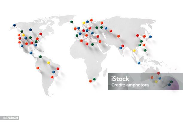 Map And Pins Stock Photo - Download Image Now - World Map, White Background, Straight Pin